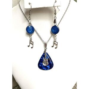 Handmade Resin Music Lover Jewelry Set - Blue Guitar Pick Pendant and Earrings